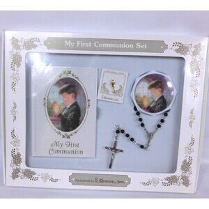 My First Communion Boys Set by Roman Inc Prayer Book Rosary Case Pin Catholic
